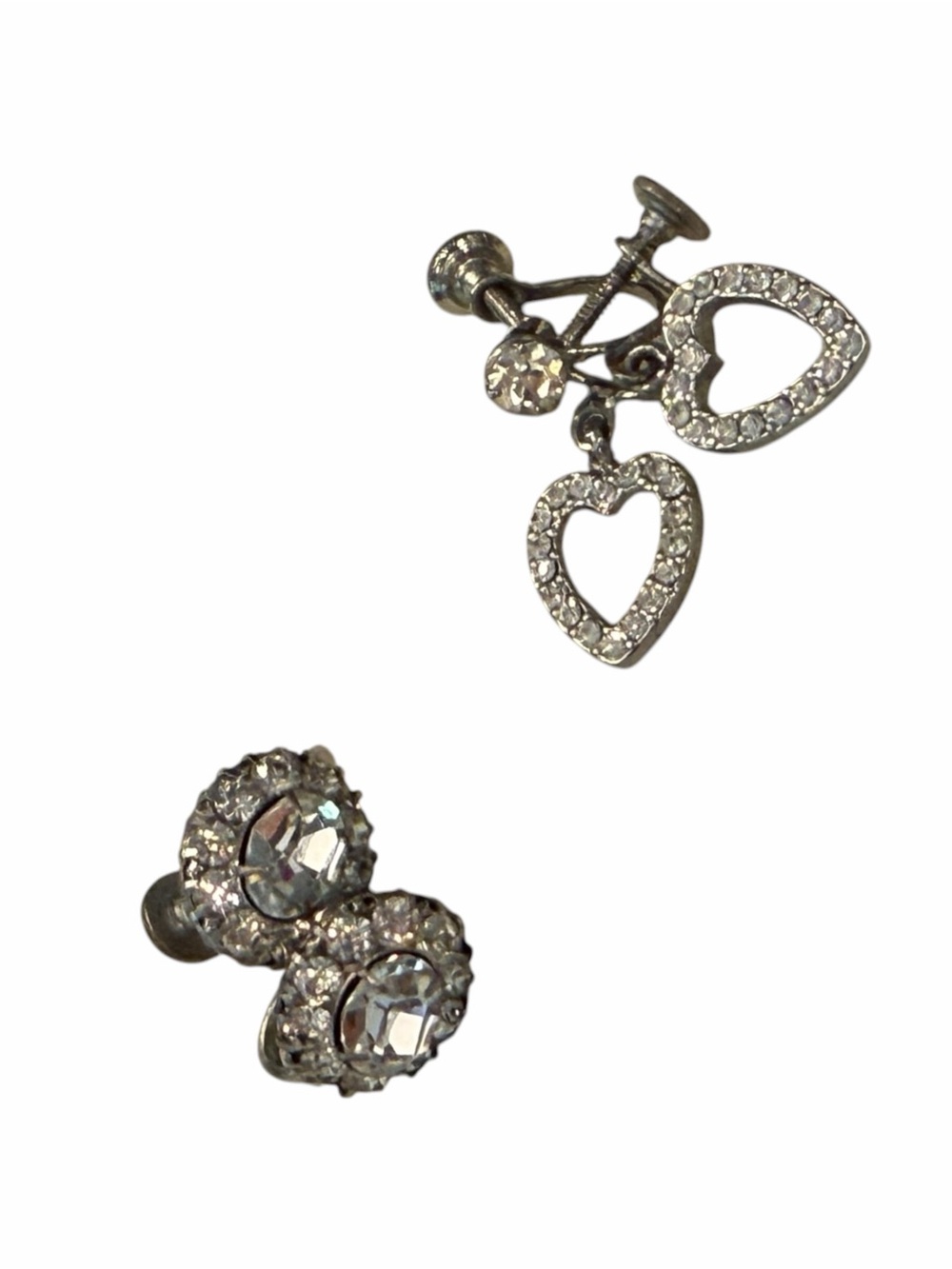 2 Pair Vintage Rhinestone Silver Tone Screw Back Earrings Open Heart / Cluster